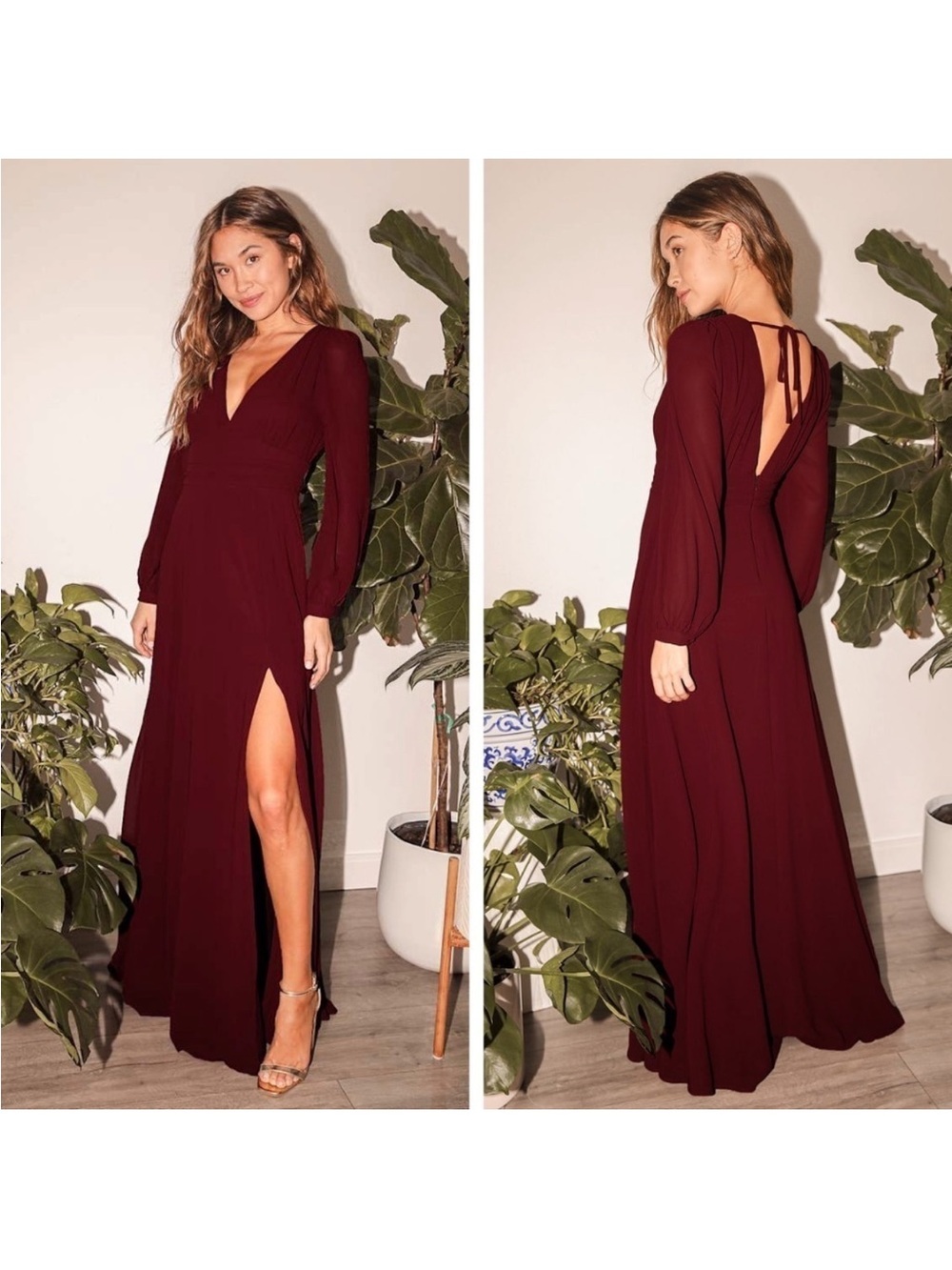 Lulus Love You So Long Sleeve V Neck V Back Maxi Dress Burgundy Red
Size Small
